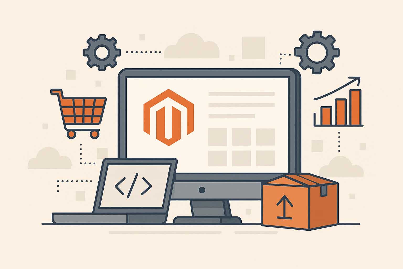 Modern Magento dashboard illustrating scalability, advanced features, and streamlined store operations
