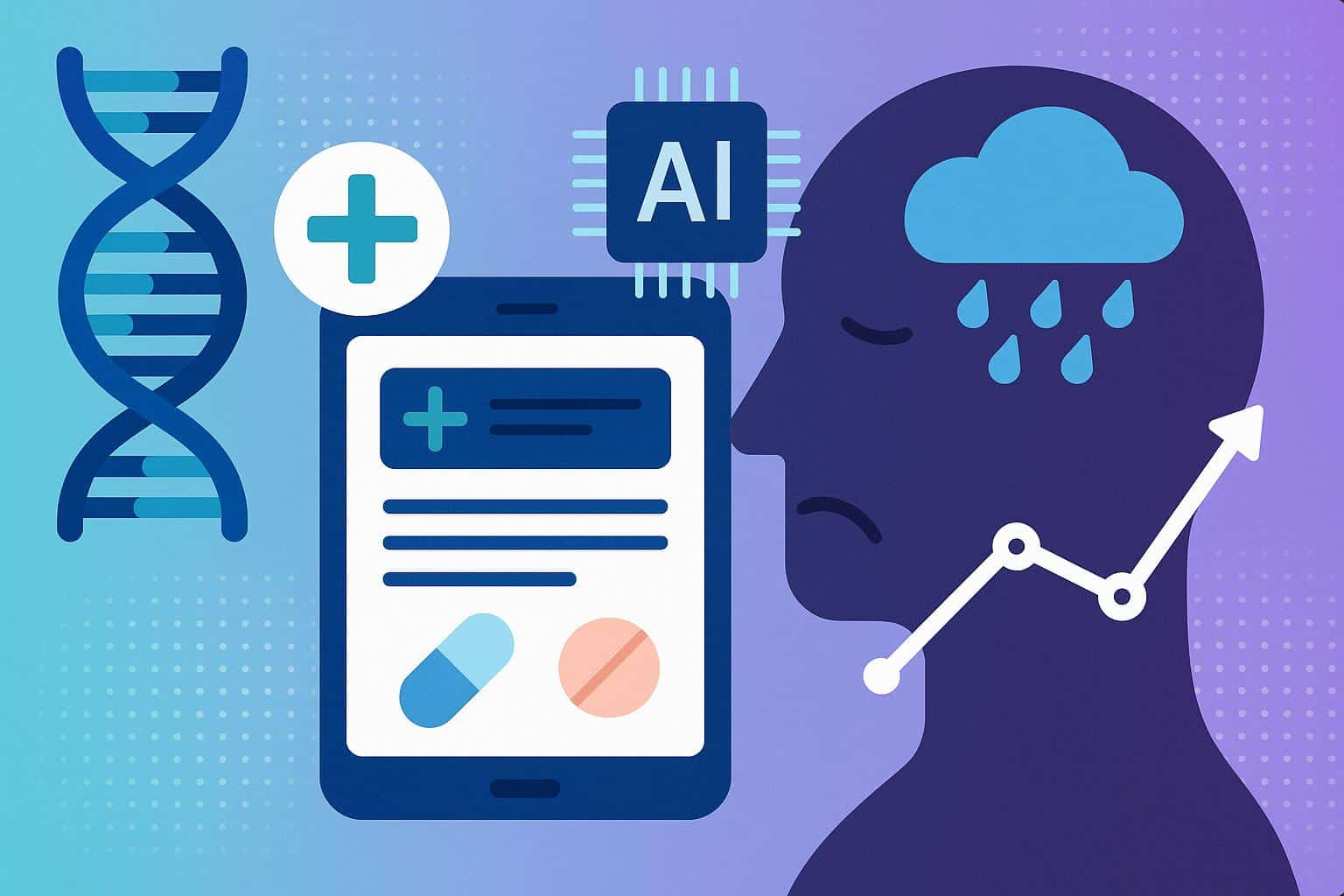 DNA helix with AI digital overlay representing advanced pharmacogenomics for depression treatment