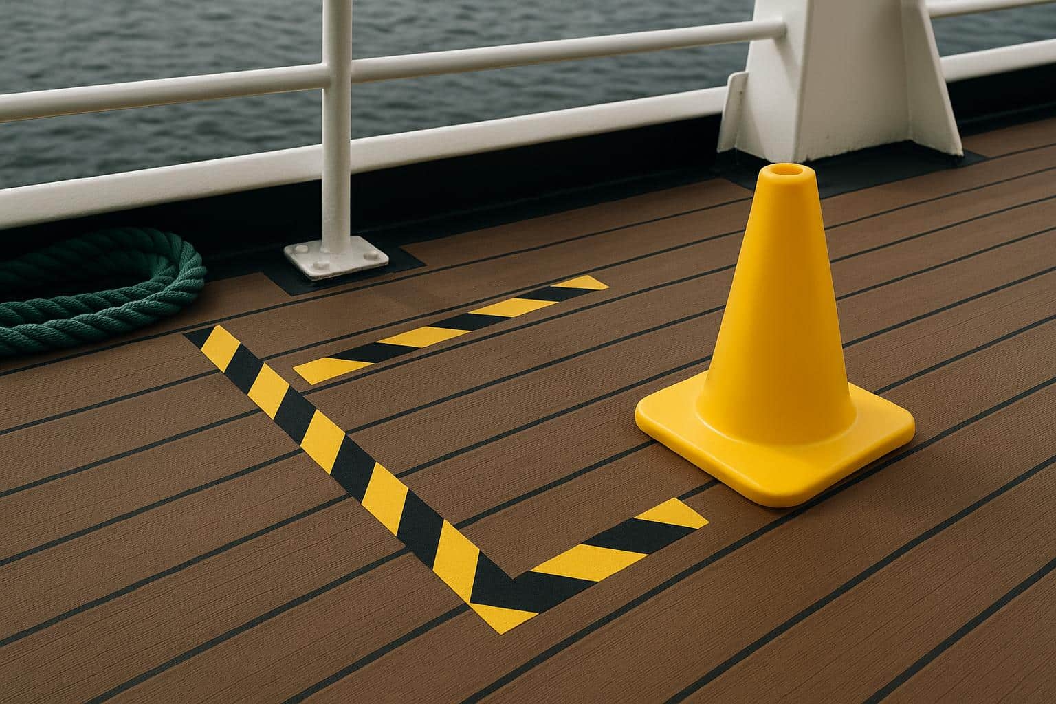 Non-slip deck surface with safety markings to prevent slips, trips, and falls onboard