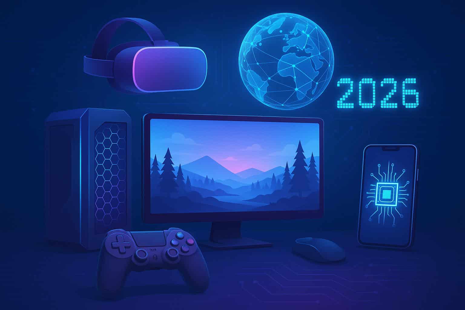 Futuristic online gaming technology with virtual reality headsets, cloud platforms, and AI elements