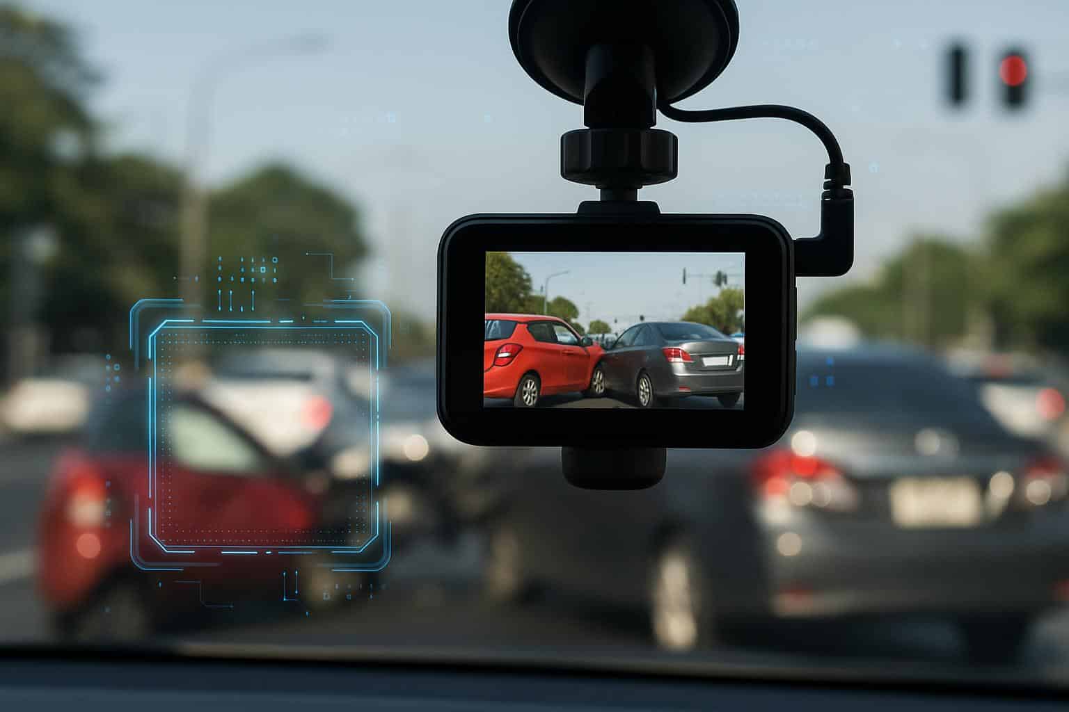 Smart dashcam recording road traffic with data overlay, enhancing accident investigation accuracy