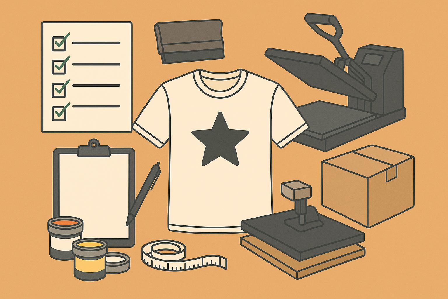 Custom T-shirt designs, blank shirts, and printing equipment for a T-shirt printing business startup