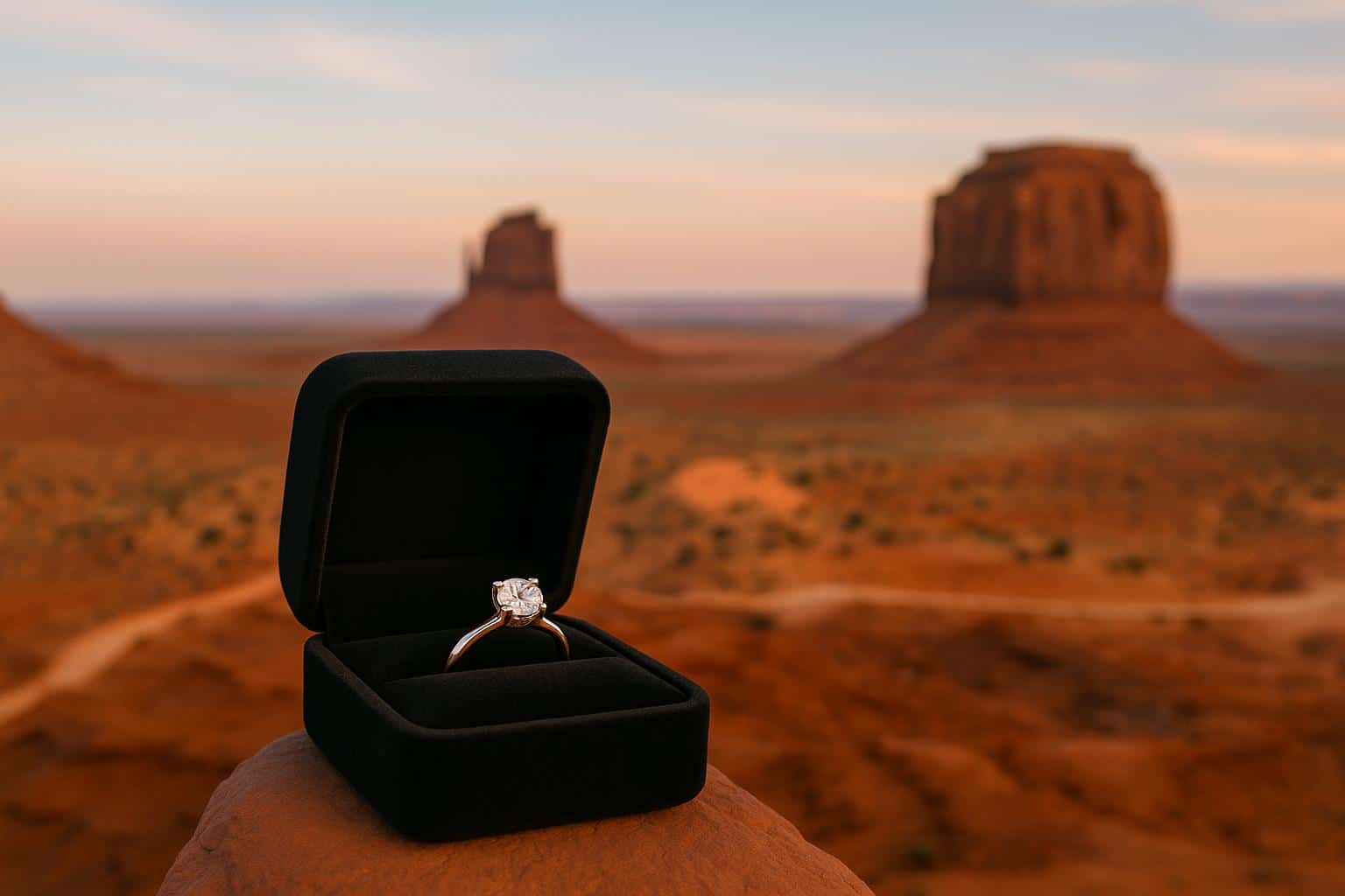 Engagement ring in a desert setting, symbolizing marriage proposals in Arizona