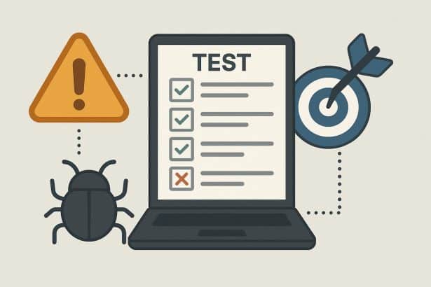 Test automation concept with code, failed test icons, and warning signs symbolizing common mistakes