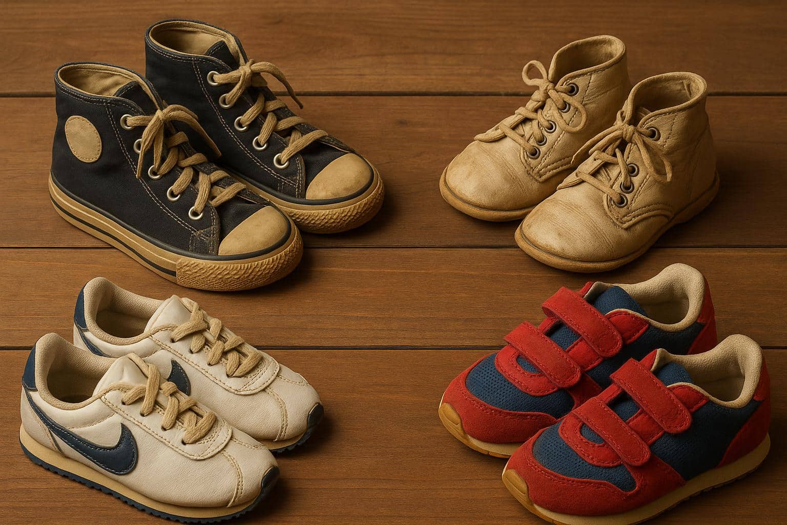 Colorful vintage and modern kids' sneakers displayed together, highlighting footwear evolution