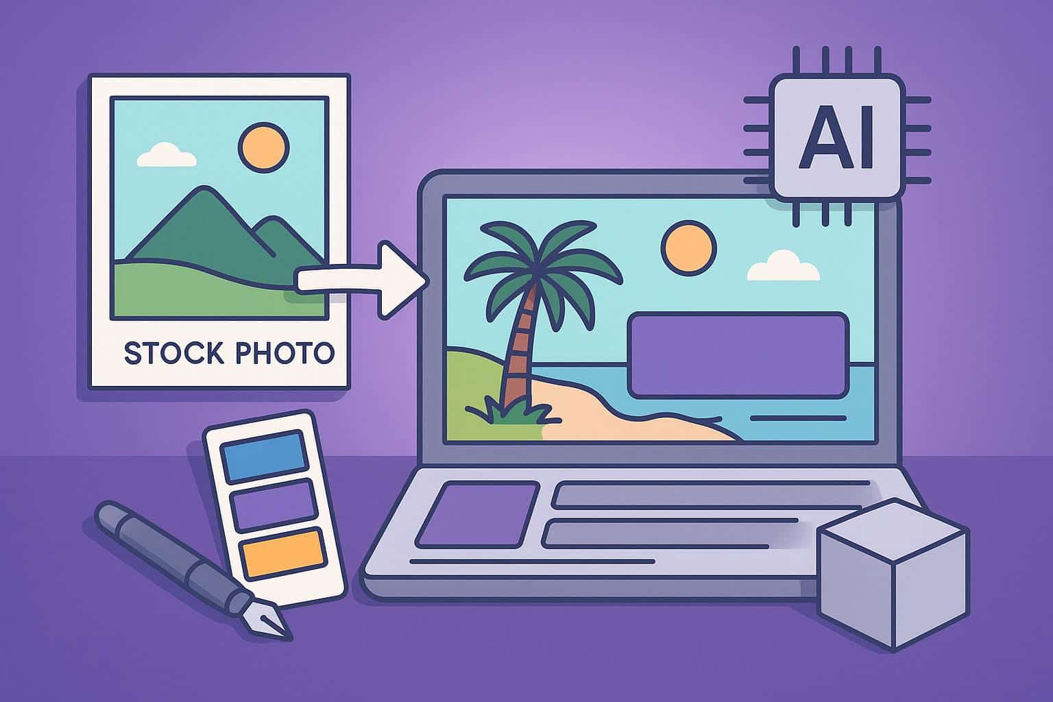 AI customizing stock photos for creative design mockups with digital editing tools on a laptop