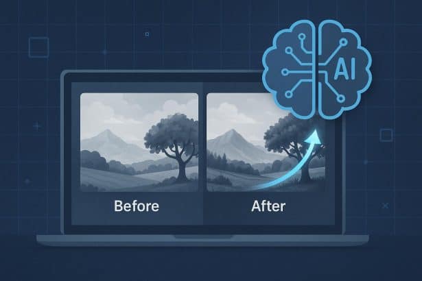 AI-driven photo reconstruction process with digital enhancements and pixel adjustments shown visually