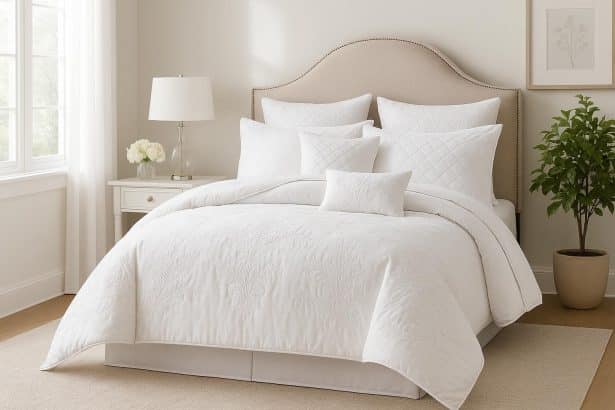 Elegant Bebejan white comforter set styled in a modern bedroom with neutral decor accents
