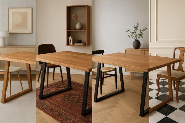 Solid wood dining table styled with modern decor accents in a bright, contemporary dining room