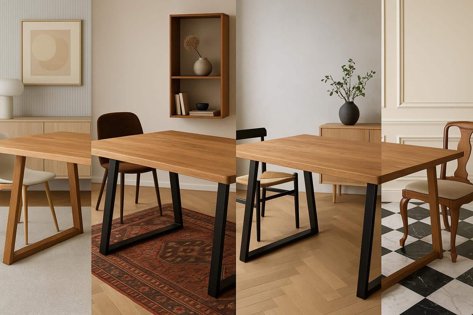 Solid wood dining table styled with modern decor accents in a bright, contemporary dining room