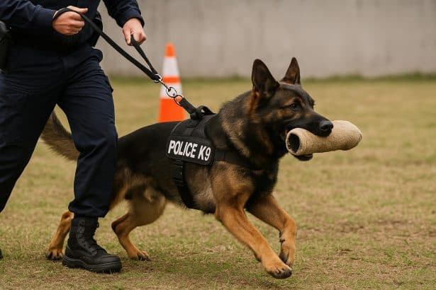 Police K9 training session showcasing essential obedience and detection skills for service dogs