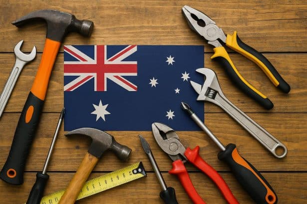 Assorted hand tools neatly arranged on a workbench in an Australian workshop setting