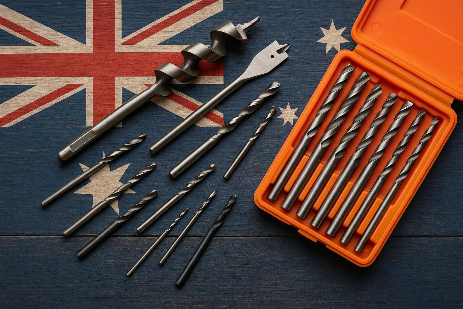 Assorted drill bits on wooden surface, highlighting options for buyers in Australia