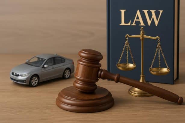 Car accident attorney reviewing legal documents after a vehicle collision for client assistance