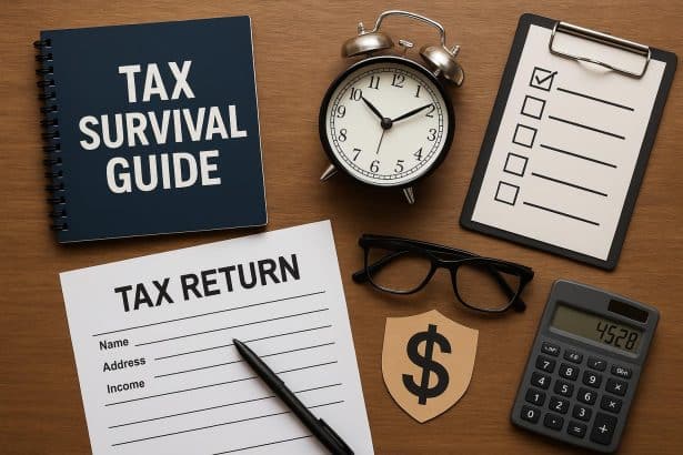 Calculator, tax forms, and pen on desk representing stress-free tax preparation and refund tips