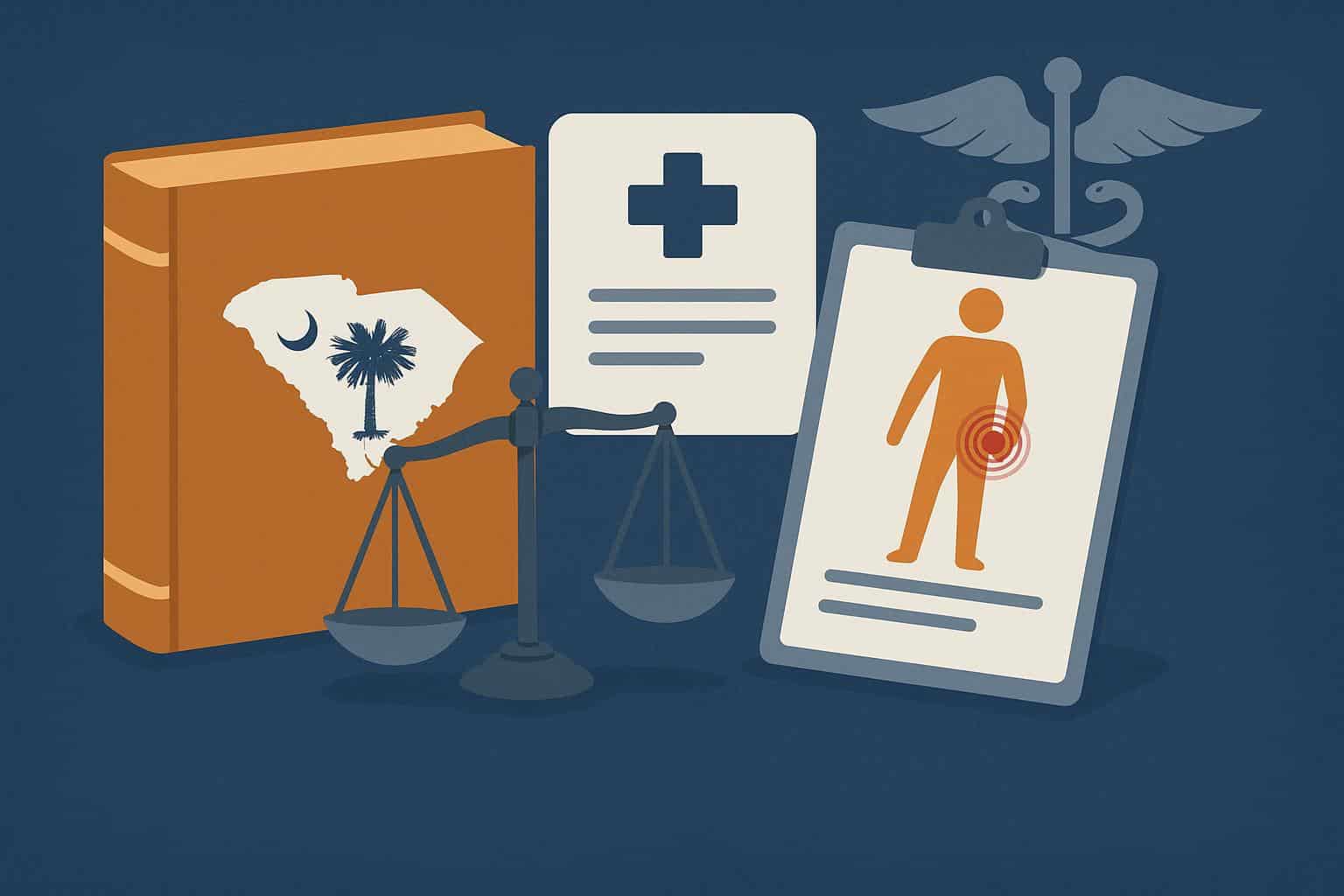 Medical documents and accident scene illustrating pre-existing conditions in South Carolina claims