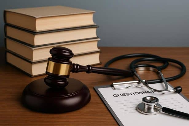 Medical malpractice lawyer reviewing legal documents and evidence in a law office setting
