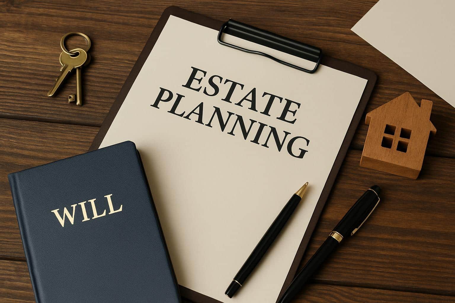 Estate planning concept with documents, pen, and keys symbolizing asset and legacy management