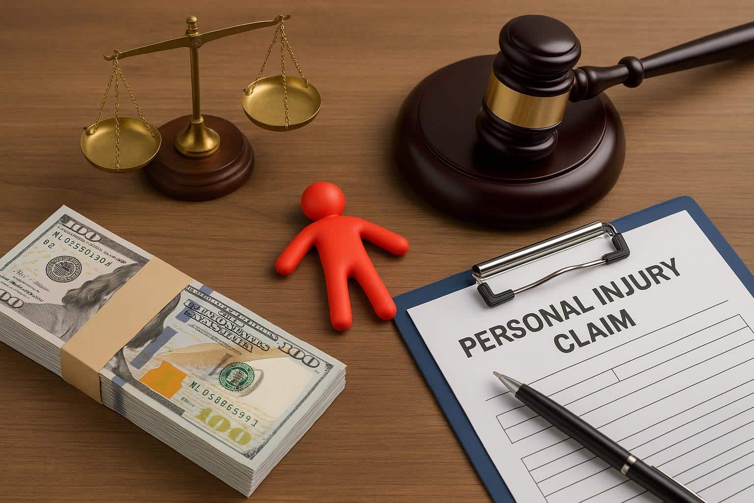 Legal scales and personal injury claim documents symbolizing maximizing compensation steps
