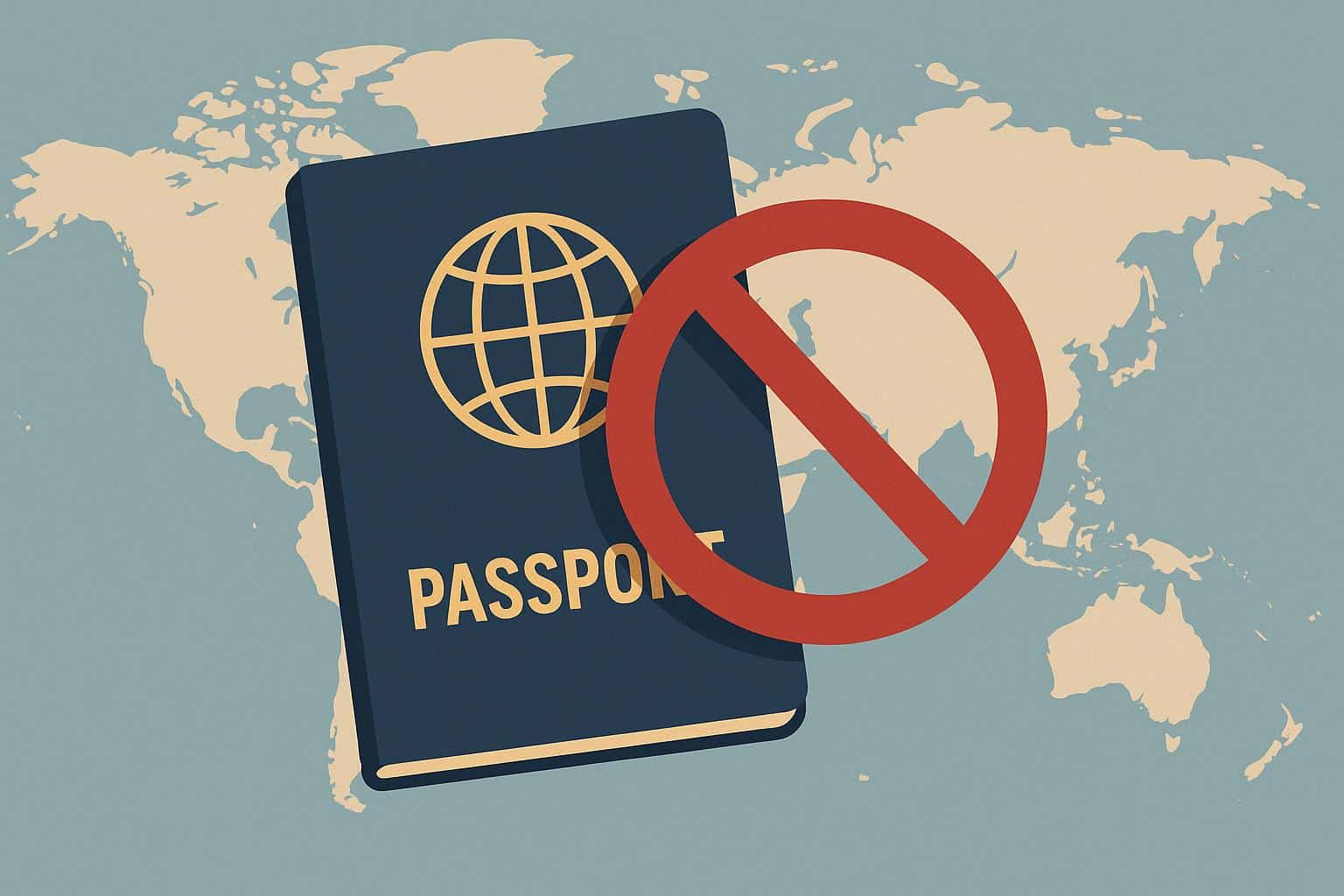 Passport and visa documents with world map highlighting countries affected by new US travel ban