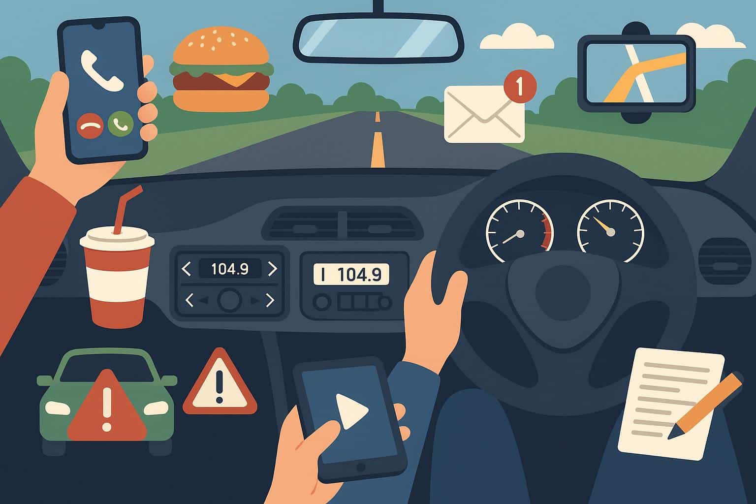 Distracted driver using smartphone behind the wheel, illustrating common driving distractions
