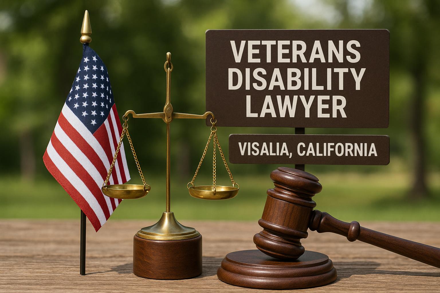 Gavel and American flag representing veterans disability legal services in Visalia, California