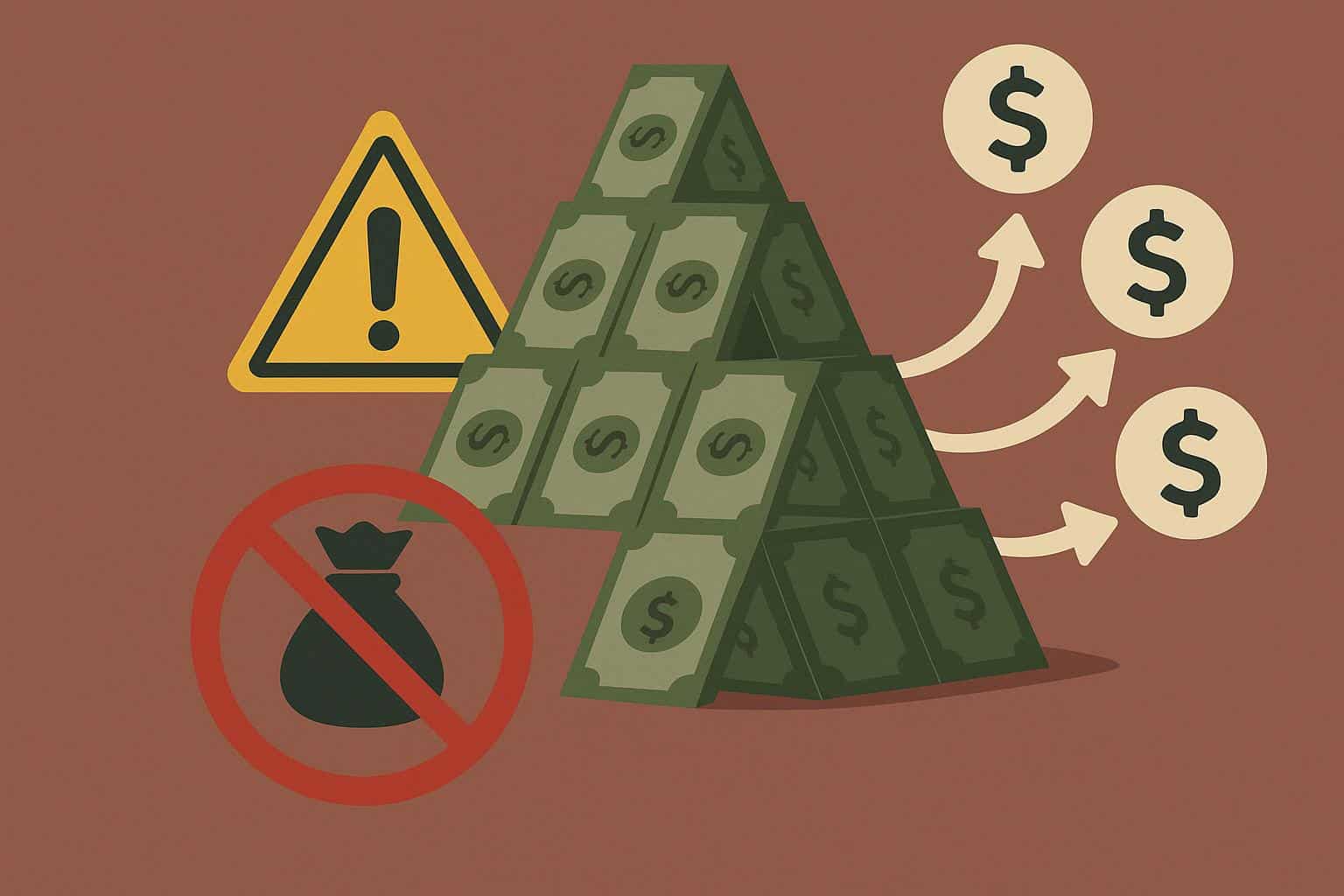Stacked cash and deceptive pyramid structure illustrating the concept of Ponzi schemes fraud