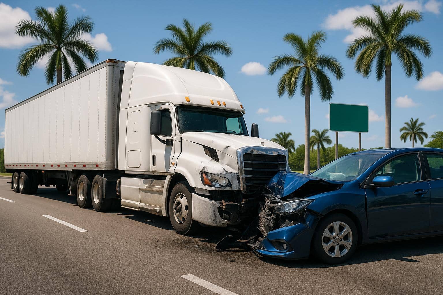 Florida highway with trucks and accident warning sign, illustrating truck accident awareness