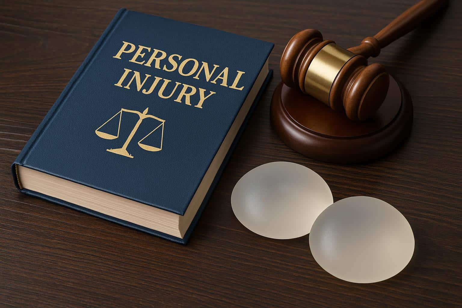Breast implants with legal documents symbolizing personal injury and medical liability concerns