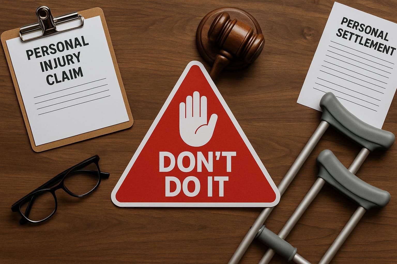Personal injury lawsuit mistakes concept with warning sign and accident-related icons