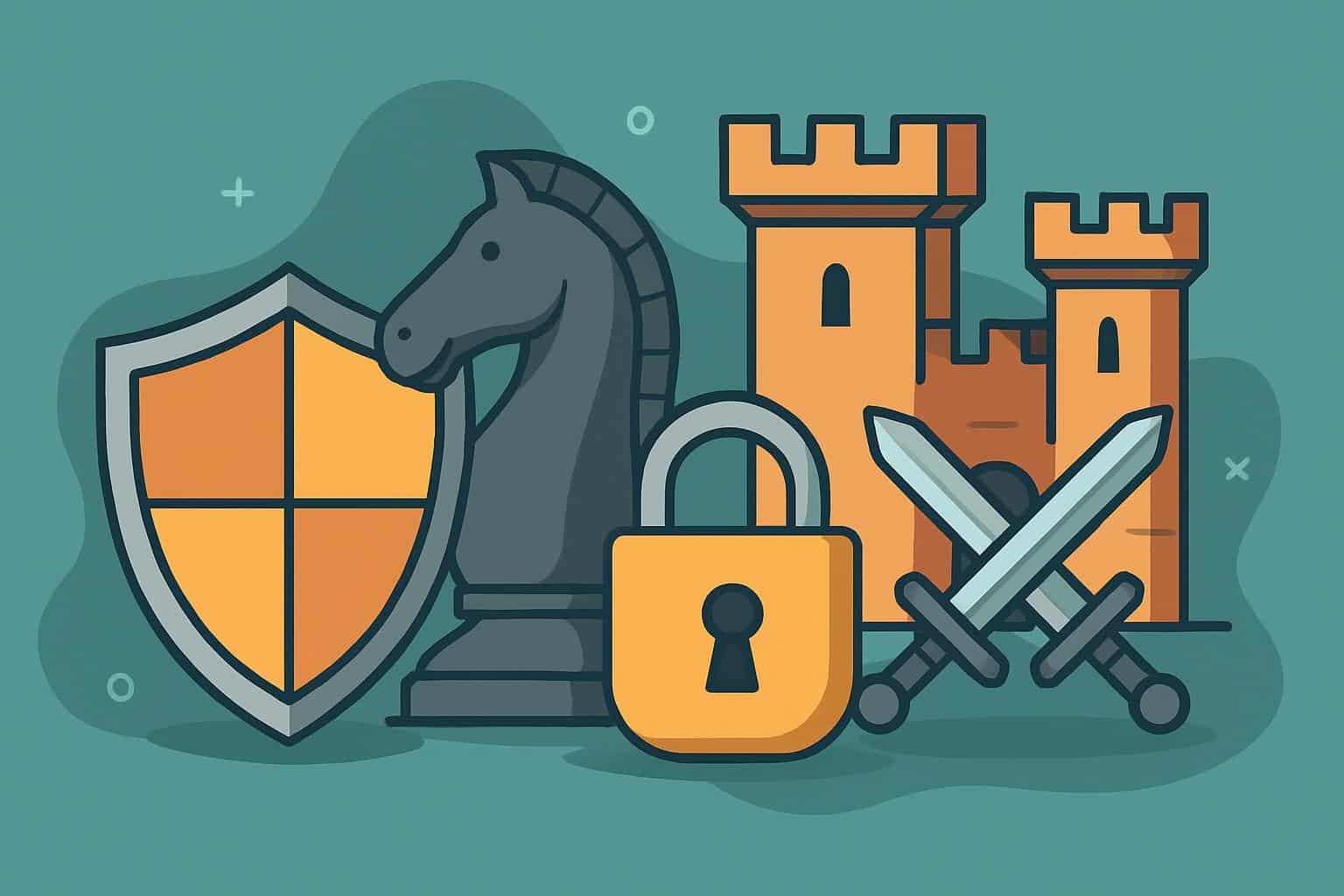 Various defense strategy icons including shields, barriers, and tactical planning symbols