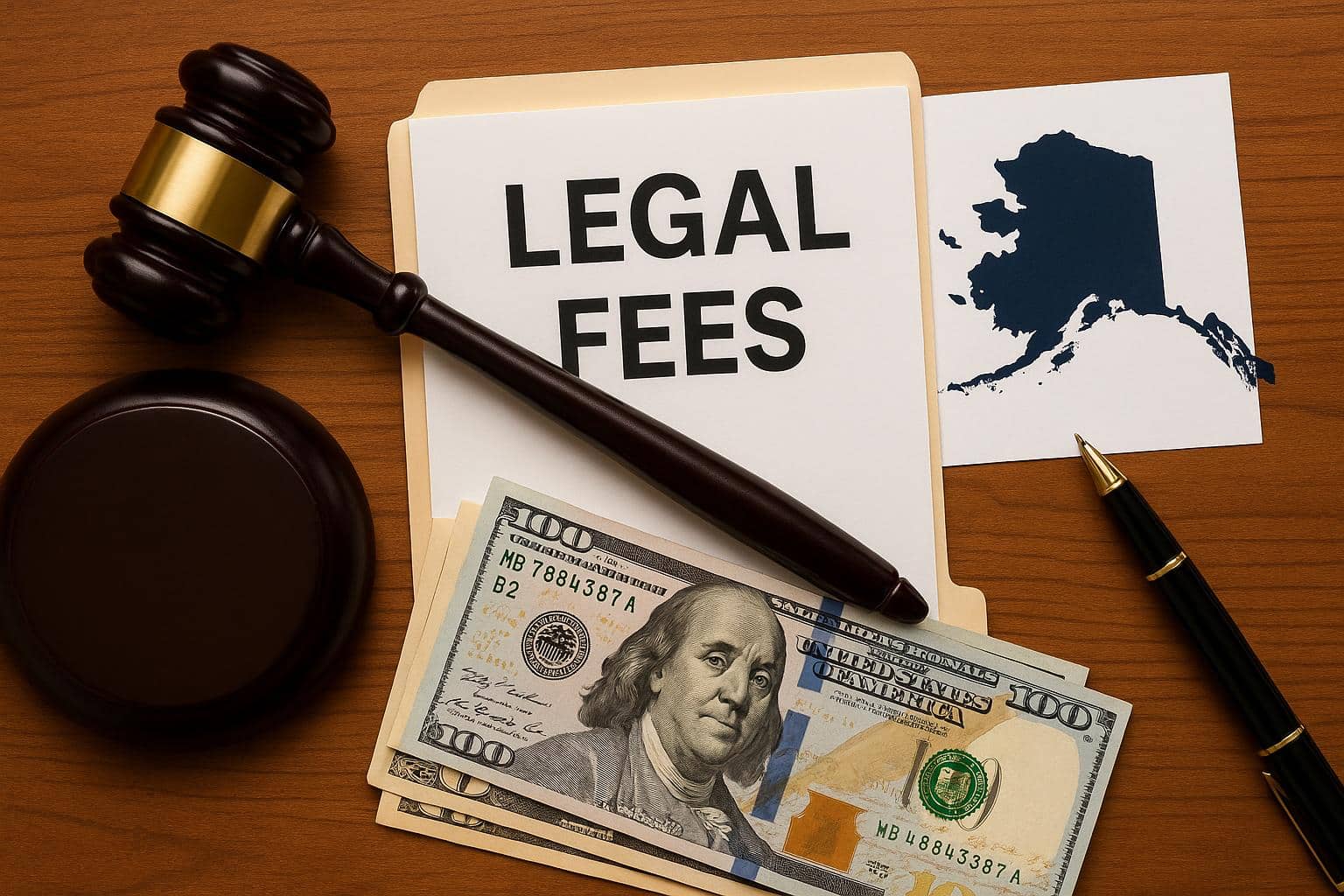 Legal documents and gavel representing personal injury case legal fees categorization in Alaska