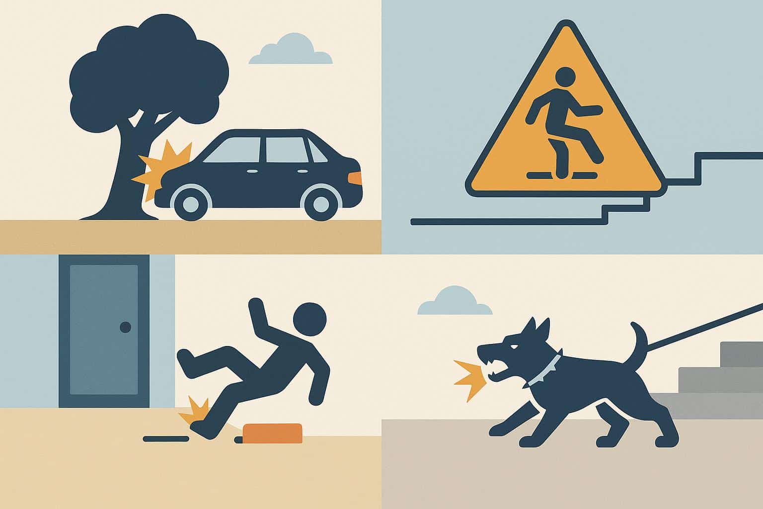 Car crash, slipping on wet floor, and workplace hazards representing common personal injury accidents