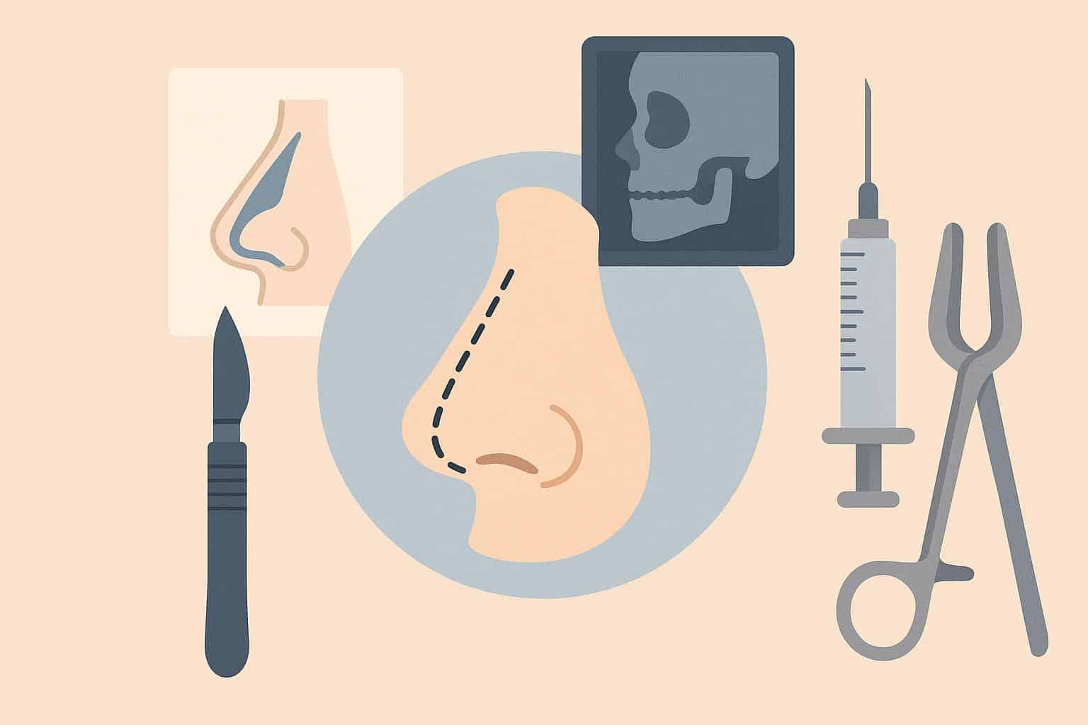 Close-up of a nose before and after rhinoplasty surgery, highlighting cosmetic results