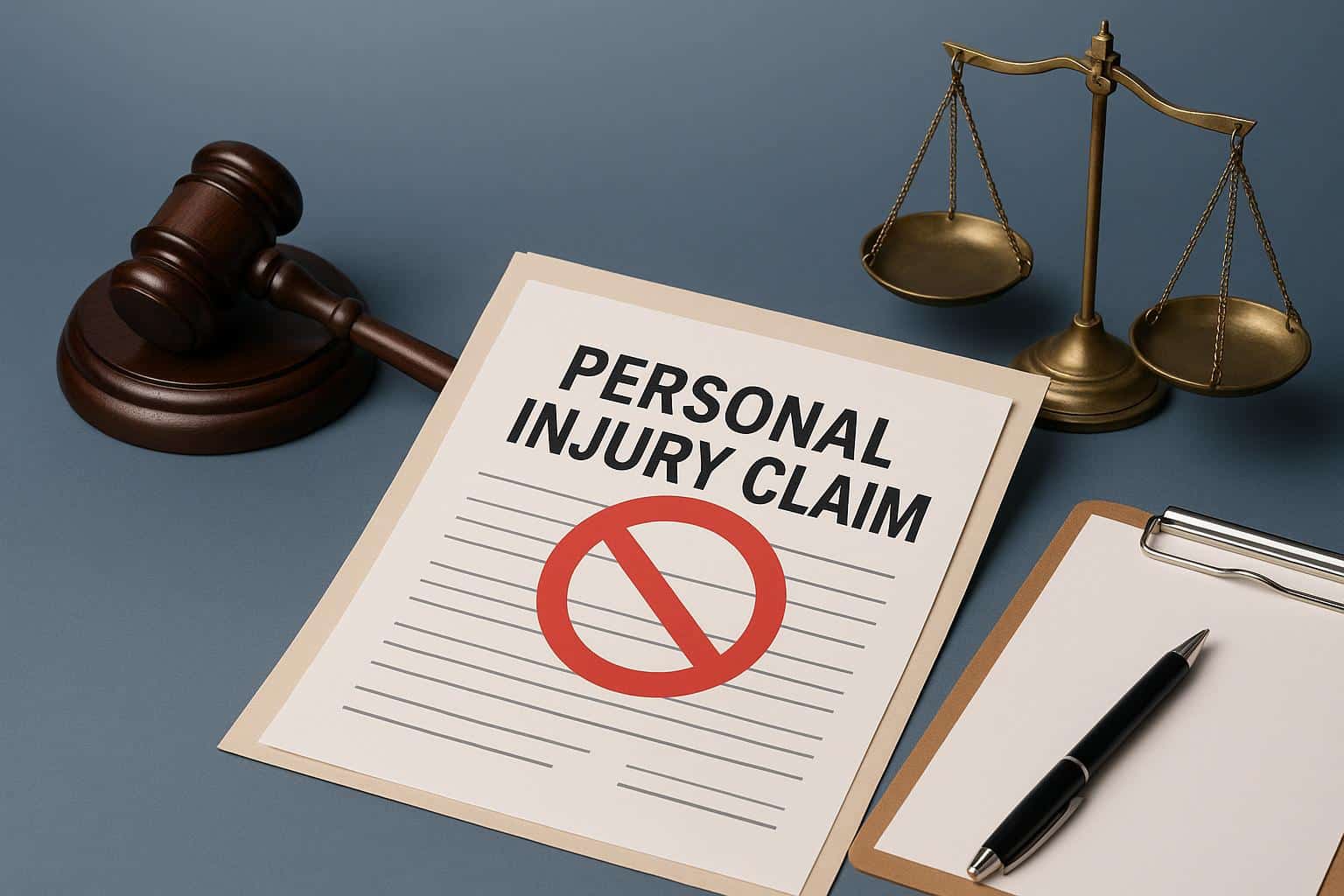 Personal injury claim paperwork with legal documents, accident report, and gavel on desk