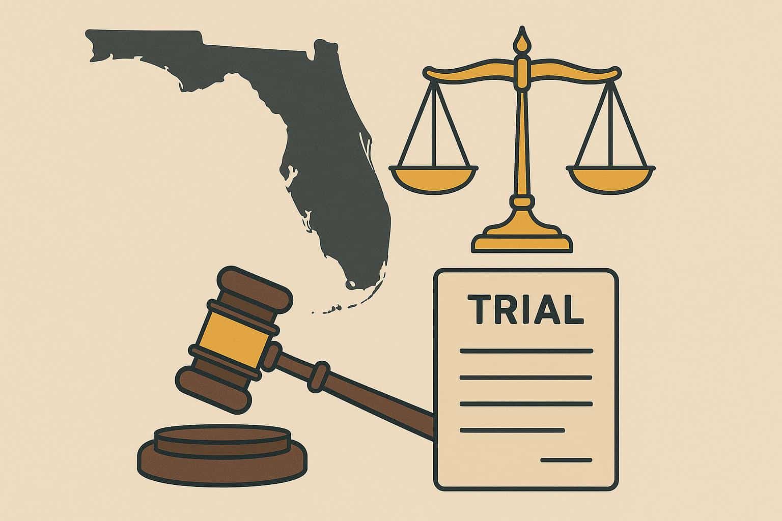Florida courtroom with judge's gavel and legal documents illustrating the criminal trial process