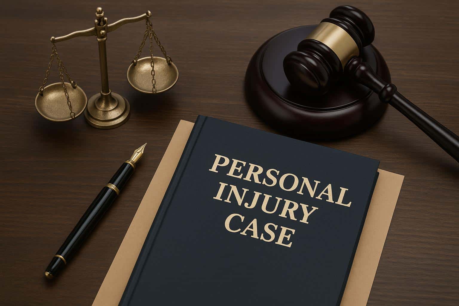 Personal injury attorney reviewing legal documents in a high-profile courtroom setting