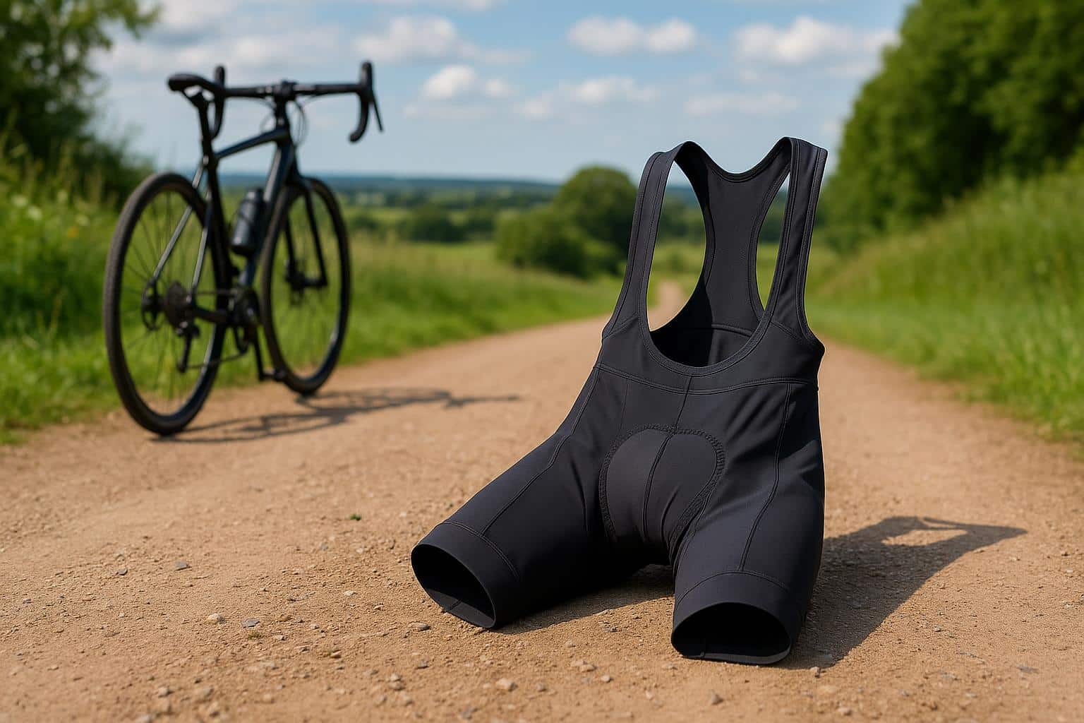 Cyclist wearing padded cycling shorts riding a road bike on a scenic route during a long ride