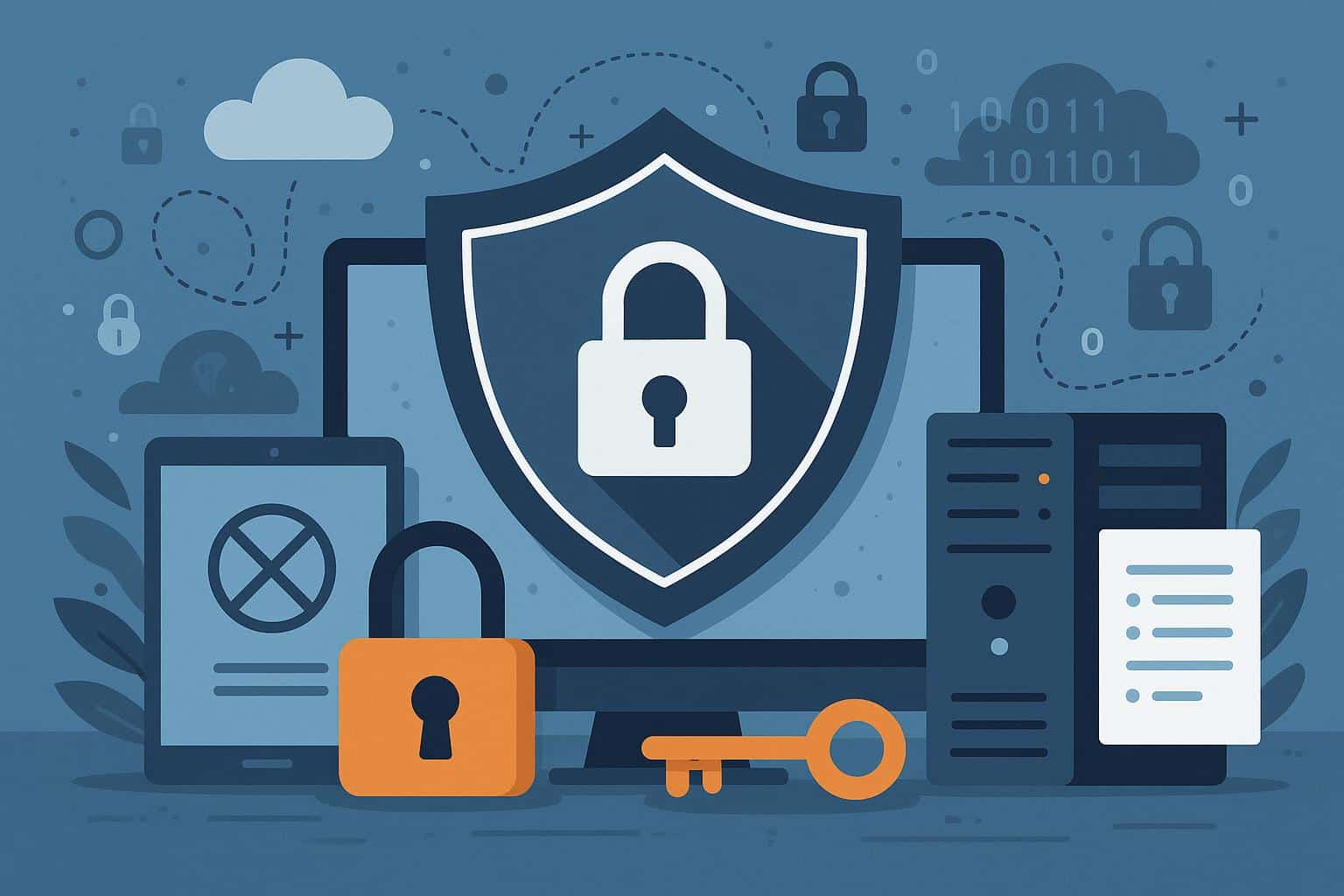 Cybersecurity shield icon overlay on a digital network background representing corporate risk management