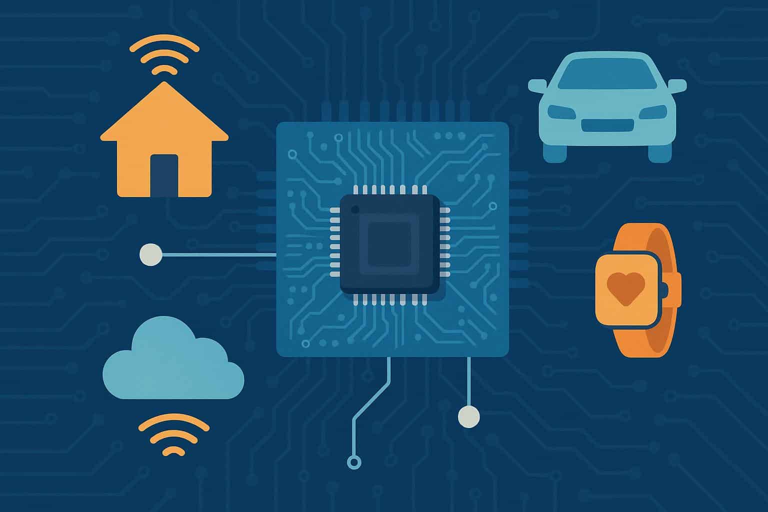 Circuit board with microchips representing embedded engineering for Internet of Things devices