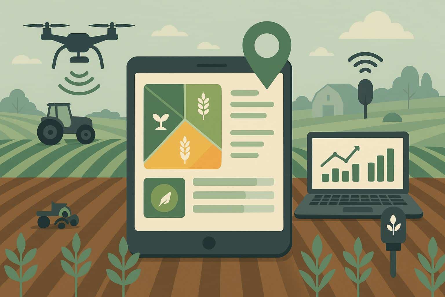 Digital dashboard displaying farm management data and field maps for agricultural planning