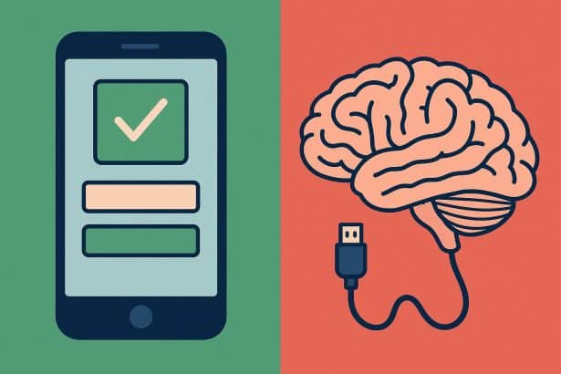 Smartphone with brain and app icons highlighting study apps' impact on cognitive skills and dependency