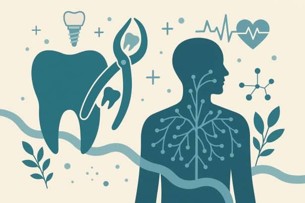 Modern dental tools with oral health icons representing the connection between oral surgery and wellness