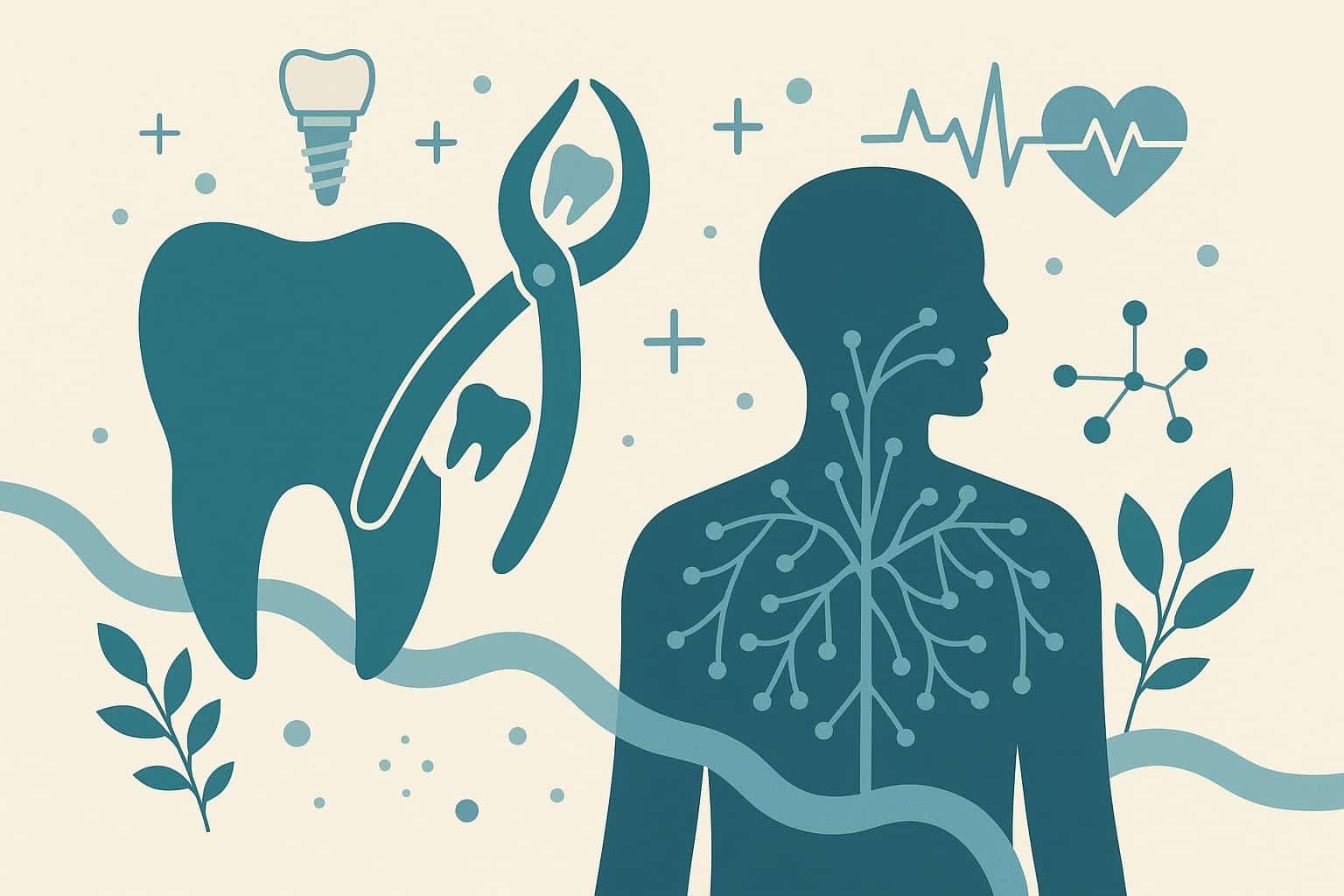 Modern dental tools with oral health icons representing the connection between oral surgery and wellness