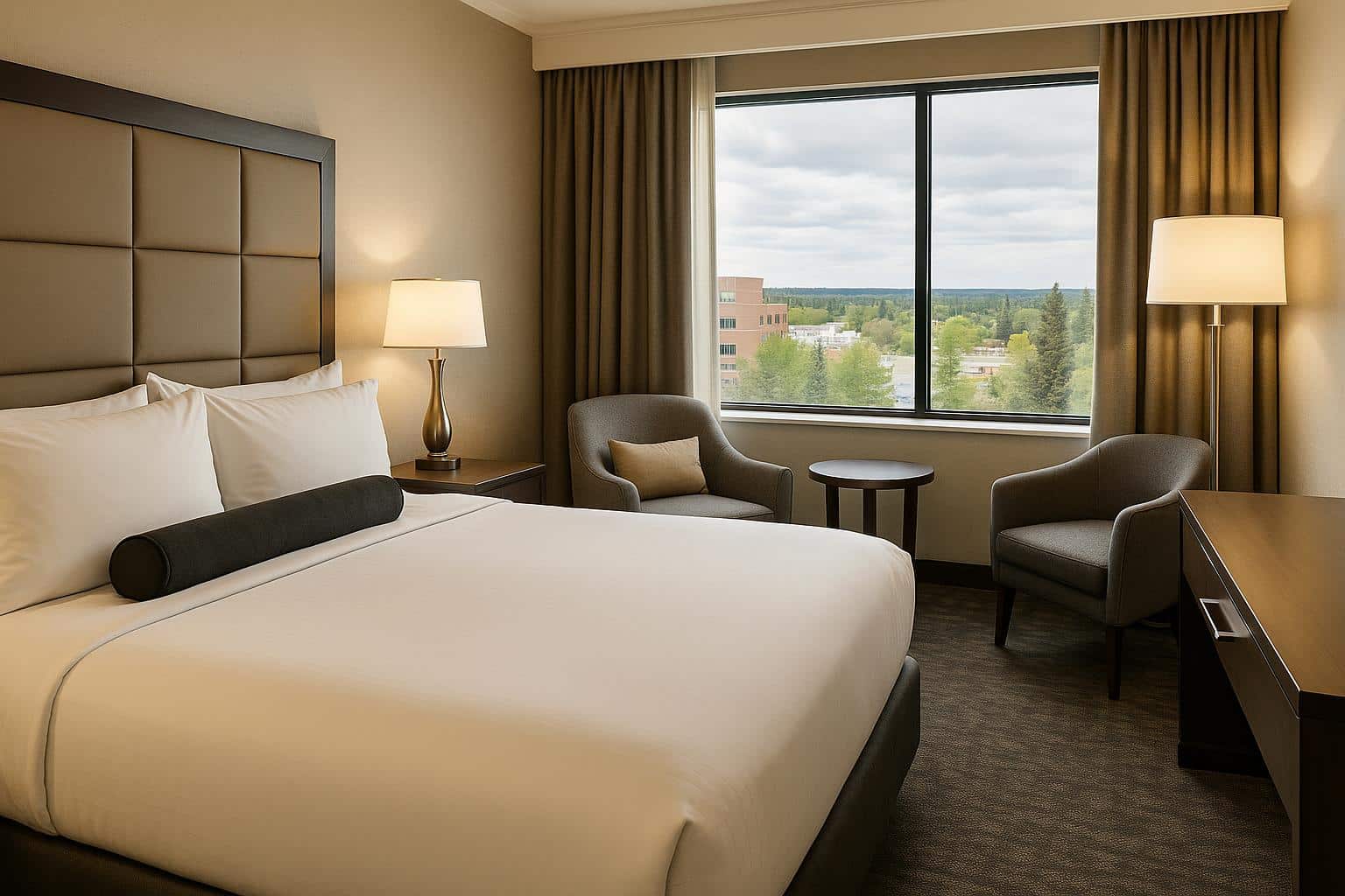 Luxury hotel suite with elegant décor, highlighting stylish accommodations in Red Deer.