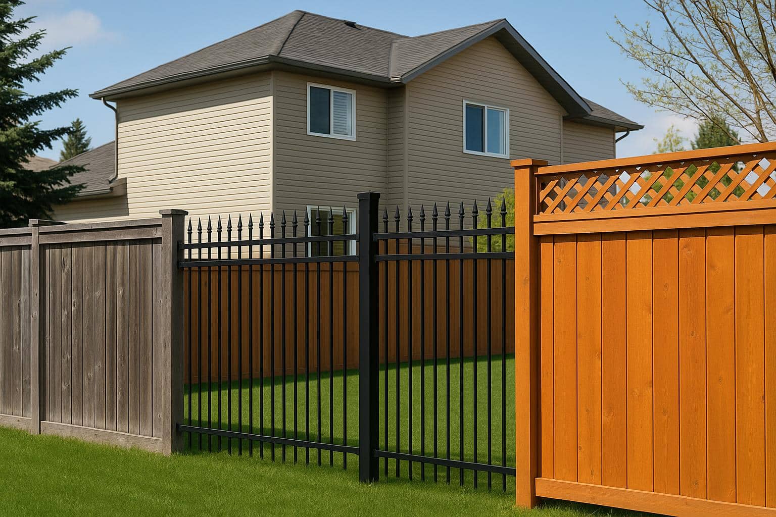 Wooden and metal fences bordering Calgary home, showcasing privacy, security, and curb appeal