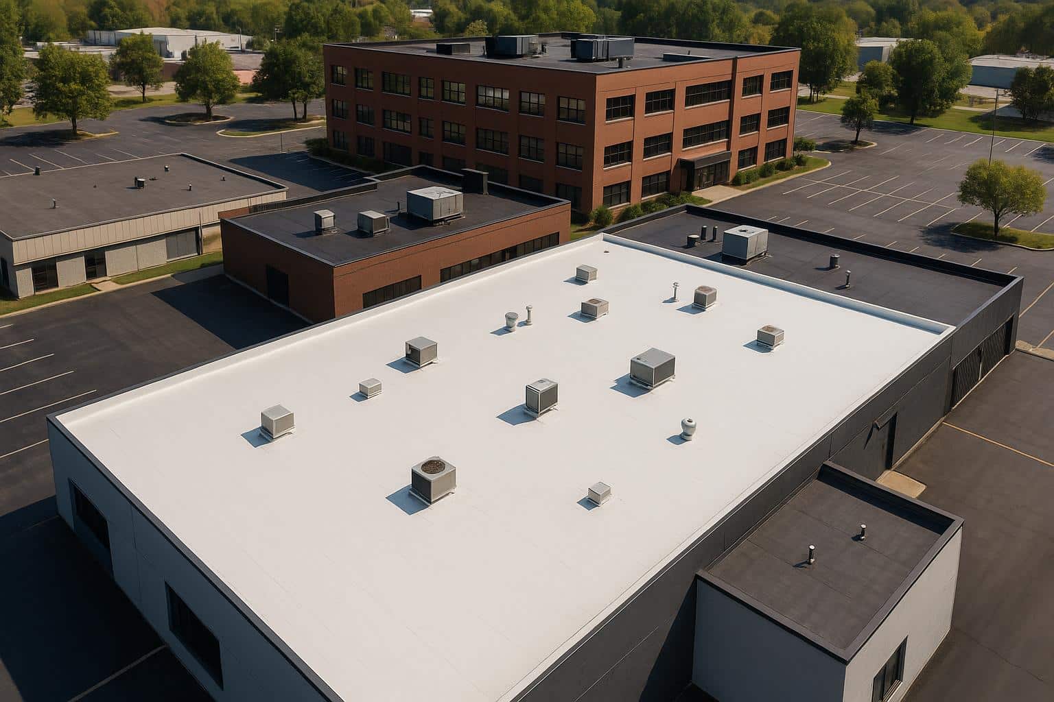 Assorted commercial roofing materials suitable for Knoxville properties, displayed on a rooftop surface