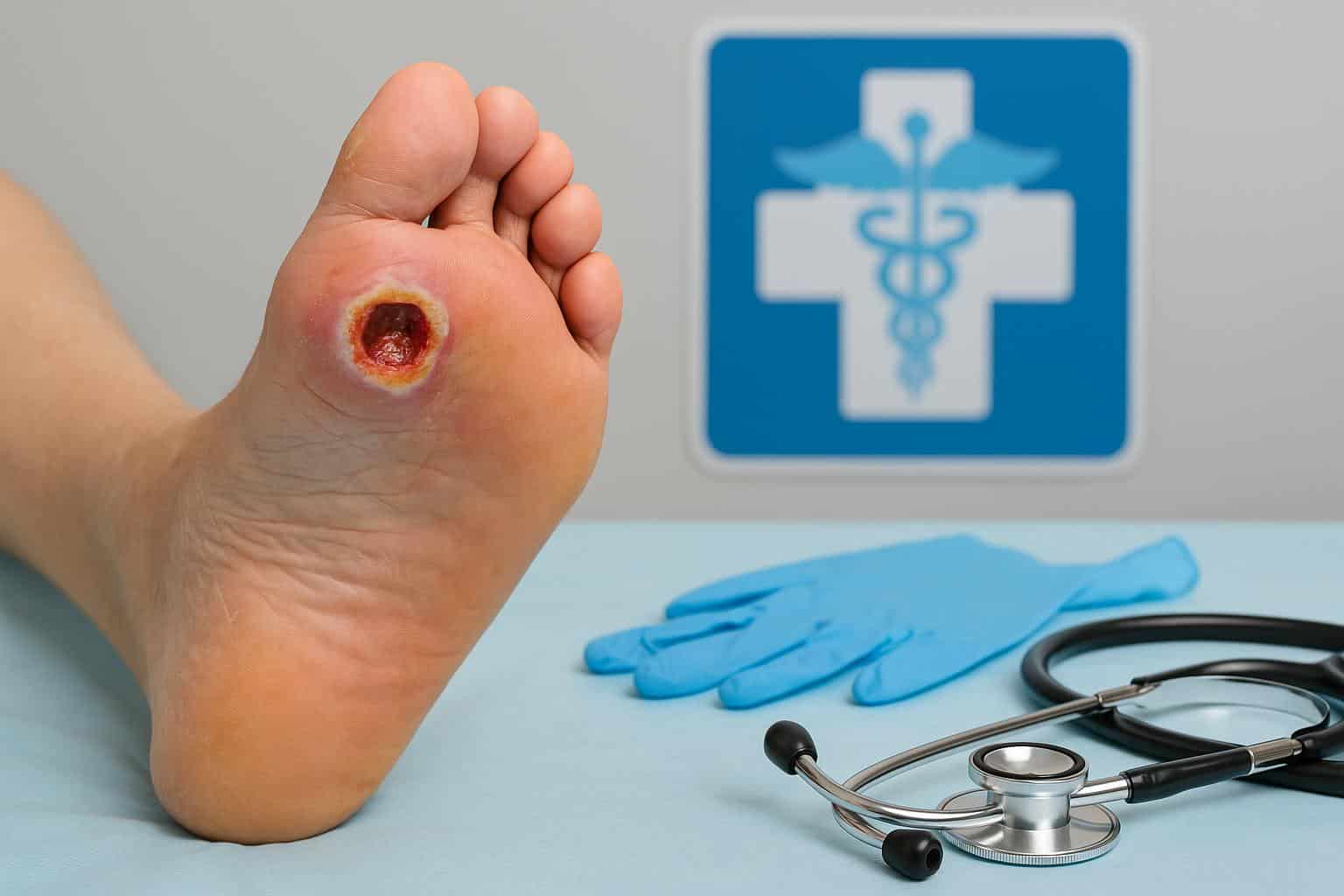 Close-up of a diabetic foot ulcer highlighting signs that require immediate medical attention