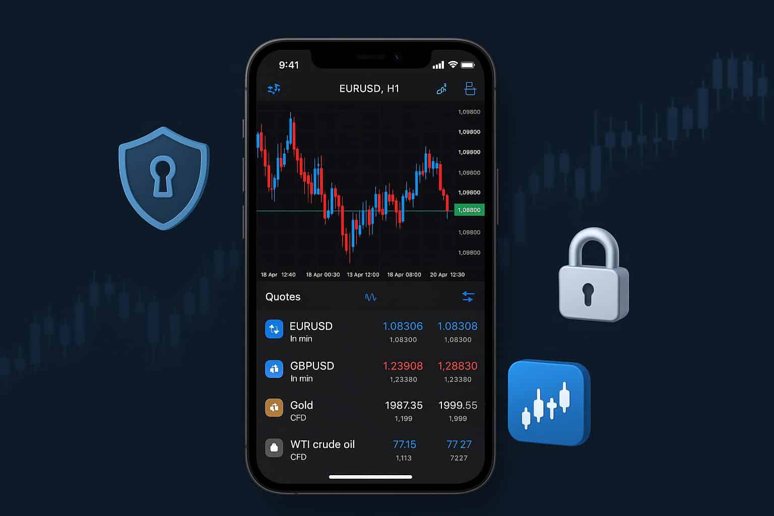 MetaTrader 4 app interface on iOS smartphone for secure forex and CFD trading on mobile devices