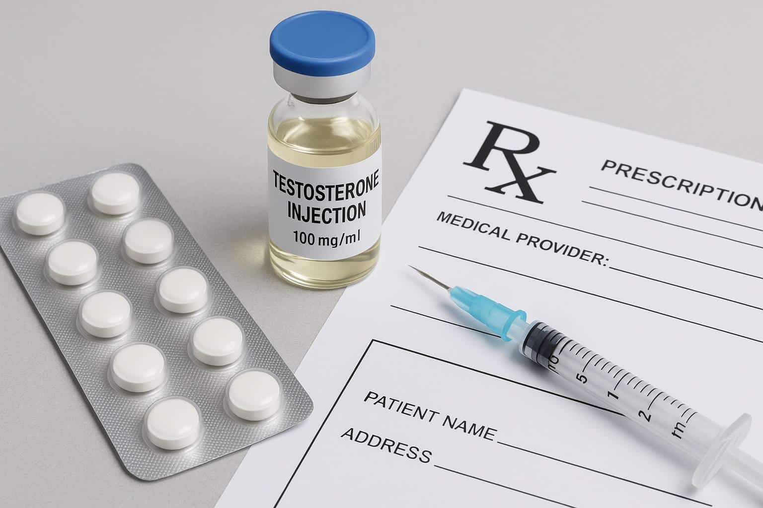 Testosterone medication and prescription bottle illustrating safe online purchase through providers
